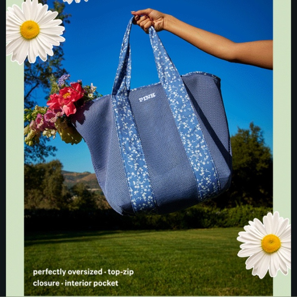 VICTORIA'S SECRET PINK Blue Floral Weekender Mesh Tote Beach Gym Travel Zip Bag